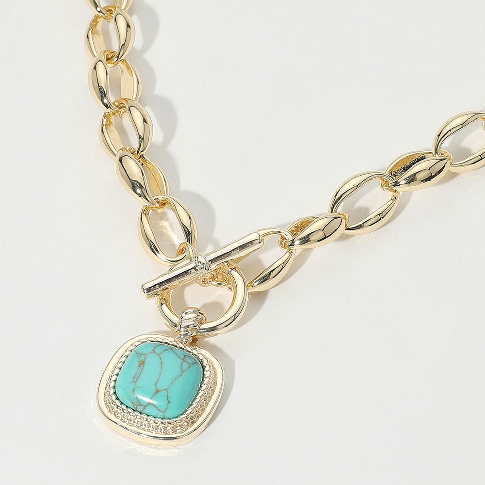 14K Gold Plated Bold Square Turquoise Stone Pendant Toggle Necklace